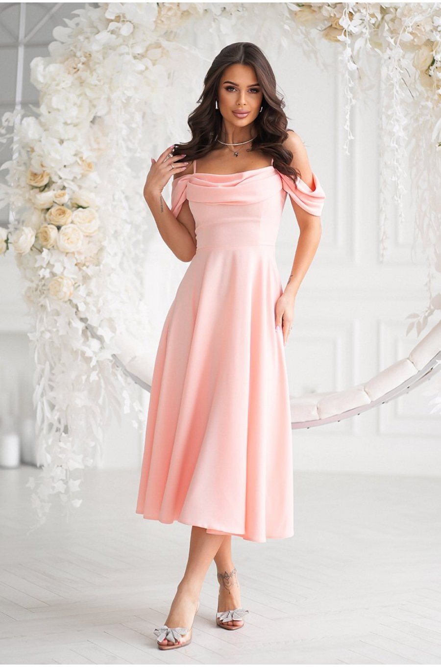 Rochie baby doll midi roz caisa cu umerii goi evazata Anelisa 3 - jojofashion.ro