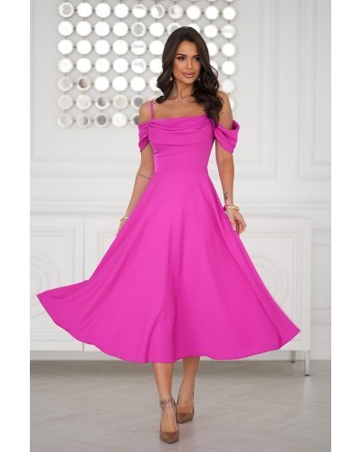 Rochie baby doll midi roz fucsia cu umerii goi evazata Anelisa Rochii de Ocazie Elegante, Rochie baby doll midi roz fucsia cu umerii goi evazata Anelisa - jojofashion.ro