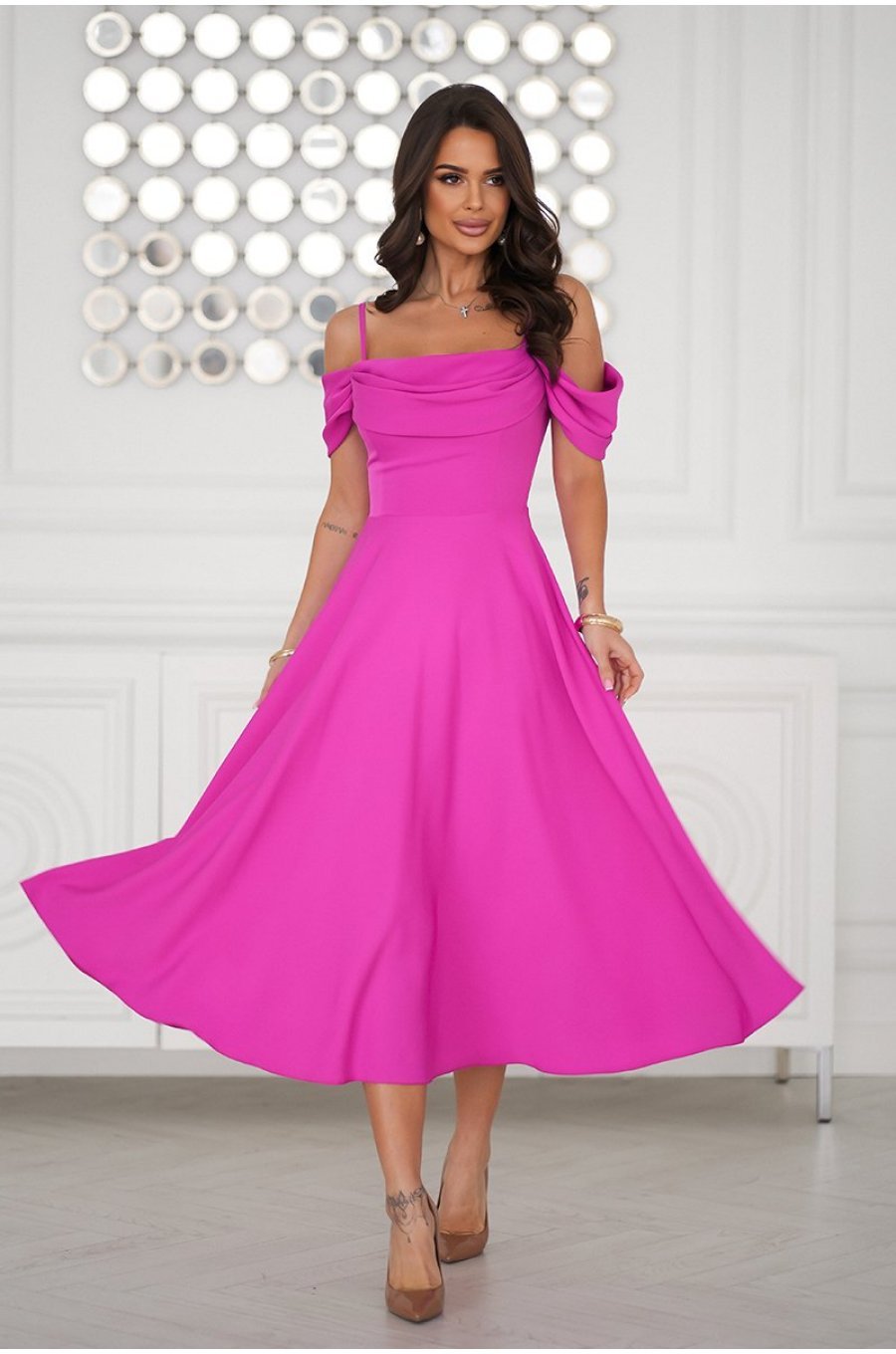 Rochie baby doll midi roz fucsia cu umerii goi evazata Anelisa 1 - jojofashion.ro