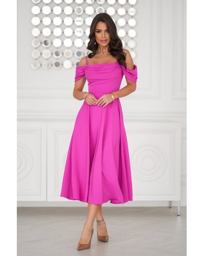 Rochie baby doll midi roz fucsia cu umerii goi evazata Anelisa Rochii de Ocazie Elegante, Rochie baby doll midi roz fucsia cu umerii goi evazata Anelisa - jojofashion.ro