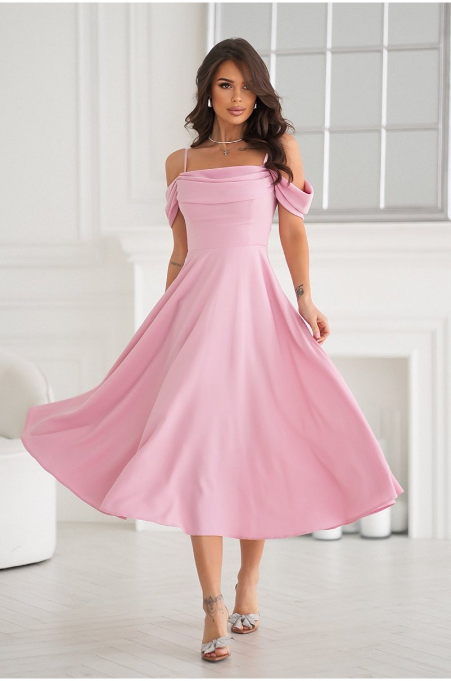 Rochie baby doll midi roz prafuit cu umerii goi evazata Anelisa 5 - jojofashion.ro