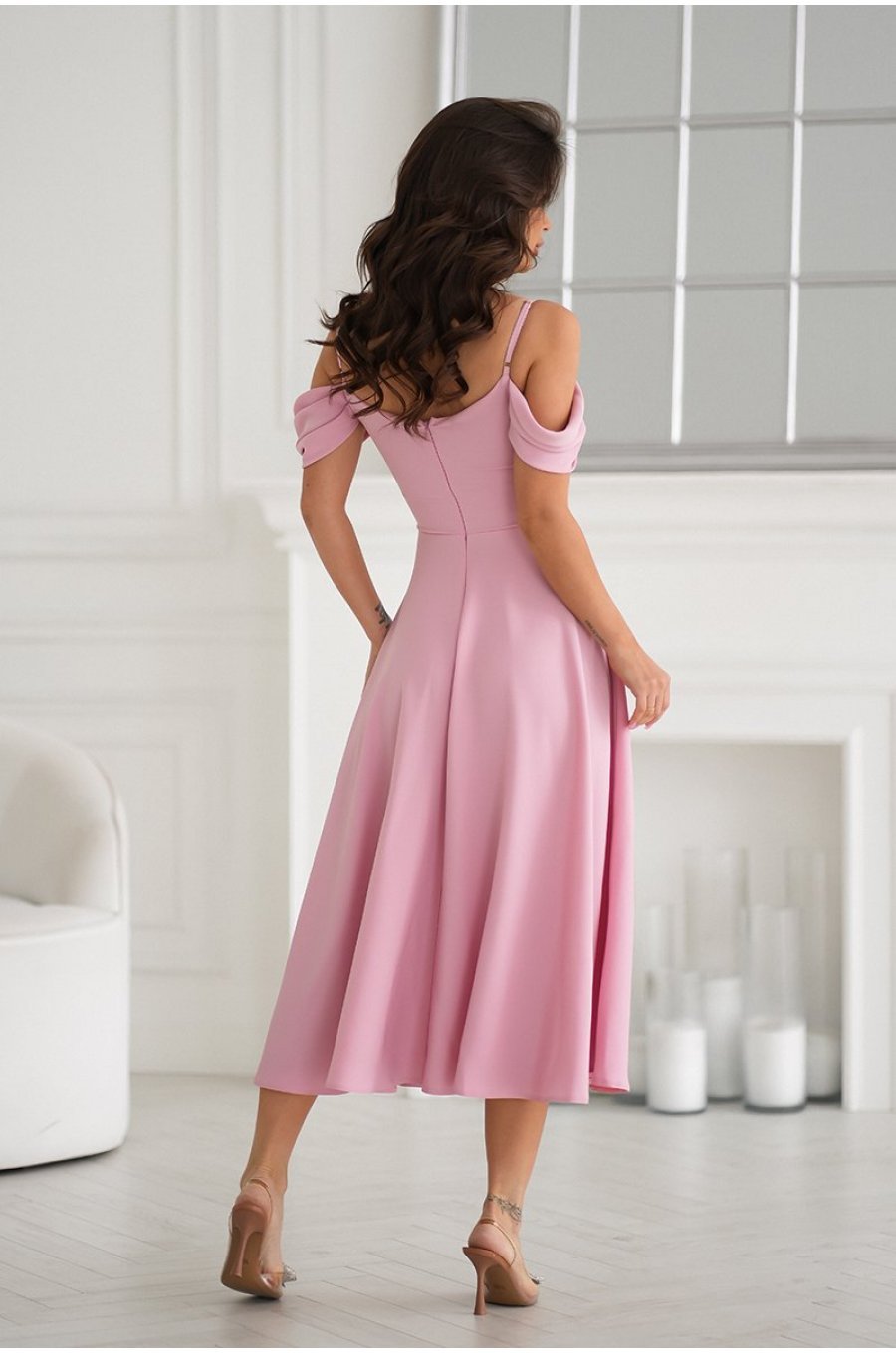 Rochie baby doll midi roz prafuit cu umerii goi evazata Anelisa 2 - jojofashion.ro