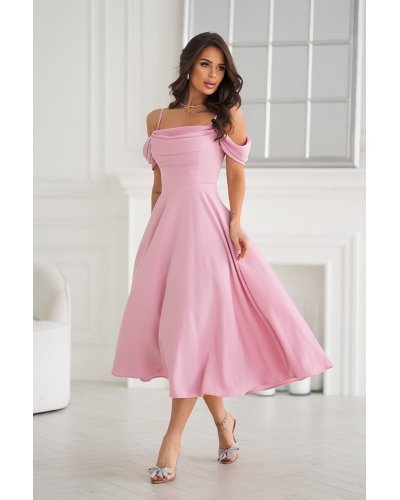 Rochie baby doll midi roz prafuit cu umerii goi evazata Anelisa Rochii cununie civila, Rochie baby doll midi roz prafuit cu umerii goi evazata Anelisa - jojofashion.ro