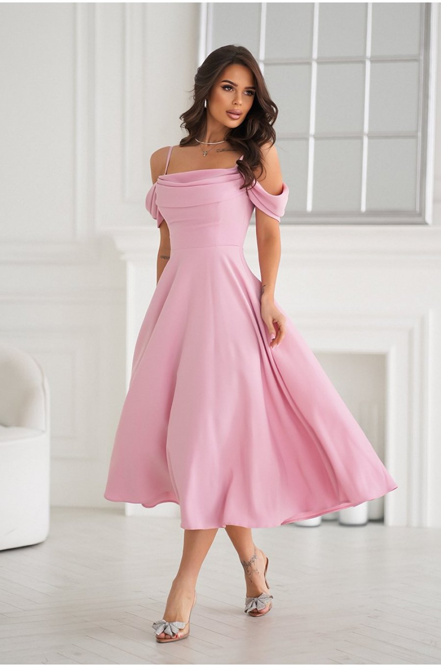 Rochie baby doll midi roz prafuit cu umerii goi evazata Anelisa 1 - jojofashion.ro