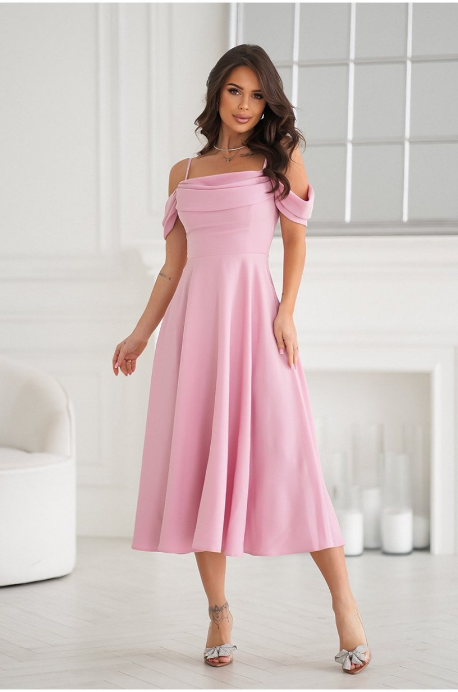 Rochie baby doll midi roz prafuit cu umerii goi evazata Anelisa 3 - jojofashion.ro
