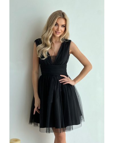 Rochii de Ocazie Elegante, Rochie baby doll scurta, brocard si tulle, neagra, vaporoasa, Shinna - jojofashion.ro