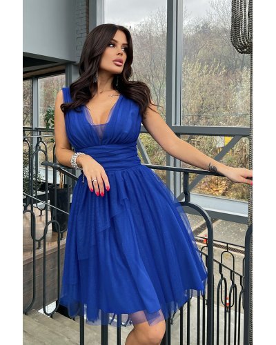 Rochie baby doll scurta albastra din brocard cu tul stratificat vaporoasa Shinna Rochii baby doll, Rochie baby doll scurta albastra din brocard cu tul stratificat vaporoasa Shinna - jojofashion.ro