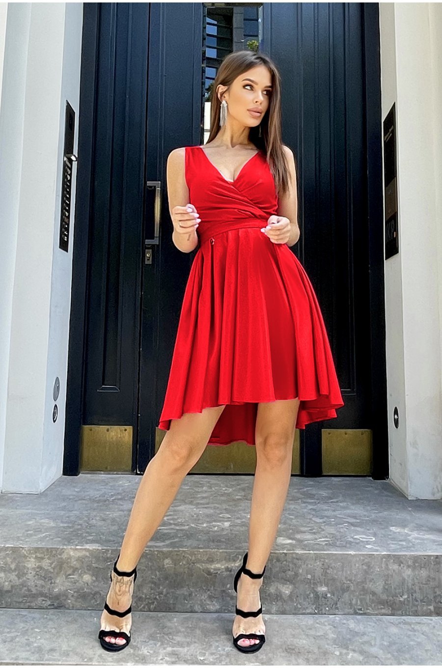 Rochie baby doll rosia din brocard in clos Andressa 2 - jojofashion.ro