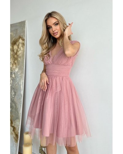 Rochie baby doll scurta, din brocard roz, cu tul stratificat, vaporoasa, Shinna Rochii cununie civila, Rochie baby doll scurta, din brocard roz, cu tul stratificat, vaporoasa, Shinna - jojofashion.ro