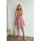 Rochie baby doll scurta, din brocard roz, cu tul stratificat, vaporoasa, Shinna 9 - jojofashion.ro