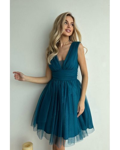 Rochii de Ocazie Elegante, Rochie baby doll scurta, din brocard turcoaz, cu tul stratificat, vaporoasa, Shinna - jojofashion.ro