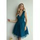 Rochie baby doll scurta, din brocard turcoaz, cu tul stratificat, vaporoasa, Shinna 2 - jojofashion.ro