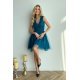 Rochie baby doll scurta, din brocard turcoaz, cu tul stratificat, vaporoasa, Shinna 4 - jojofashion.ro