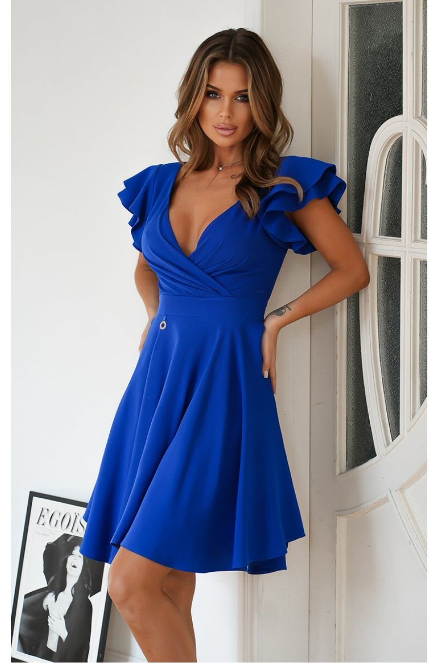 Rochie baby doll scurta, din vascoza, albastra, in clos, cu volane la maneca, Everly 1 - jojofashion.ro