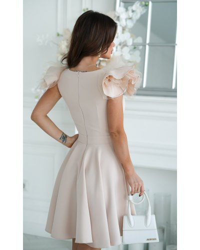 Rochie baby doll scurta din vascoza bej cu volan la maneca Samuela Rochii de Ocazie Elegante, Rochie baby doll scurta din vascoza bej cu volan la maneca Samuela - jojofashion.ro