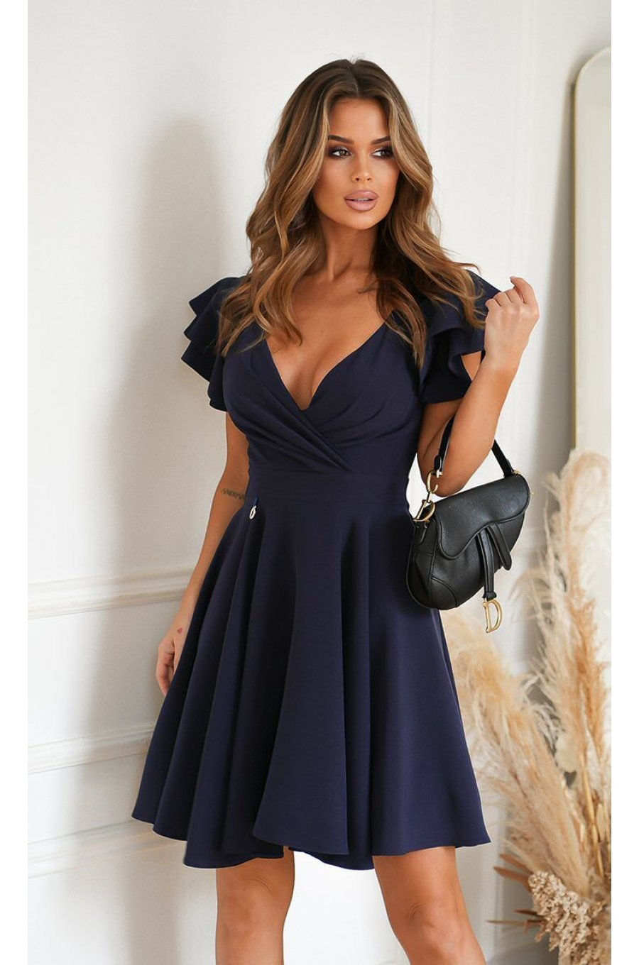 Rochie baby doll scurta, din vascoza, bleumarin navy, in clos, cu volane la maneca, Everly 1 - jojofashion.ro