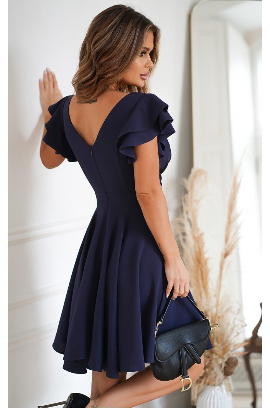 Rochie baby doll scurta, din vascoza, bleumarin navy, in clos, cu volane la maneca, Everly 2 - jojofashion.ro