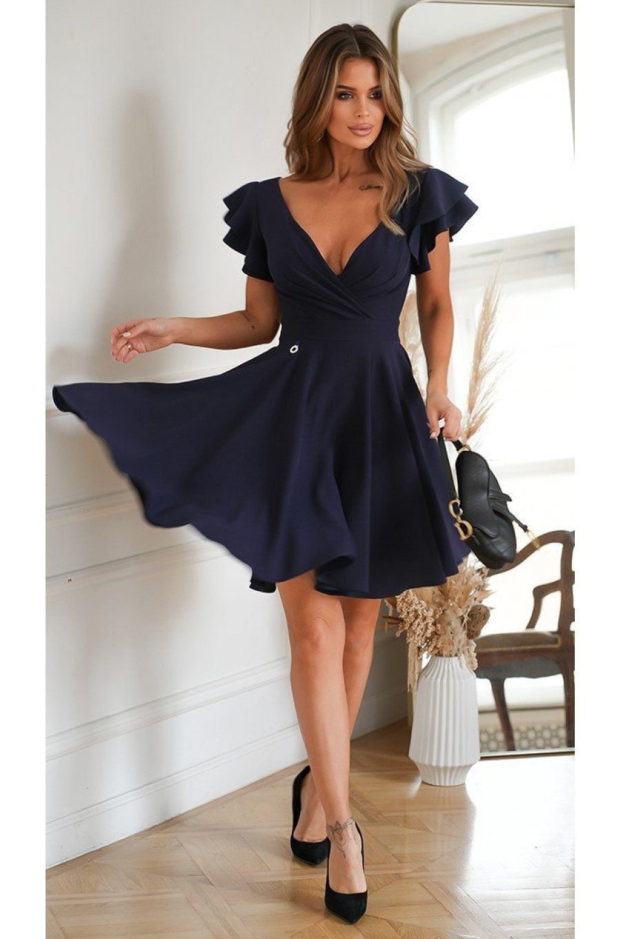 Rochie baby doll scurta, din vascoza, bleumarin navy, in clos, cu volane la maneca, Everly 4 - jojofashion.ro