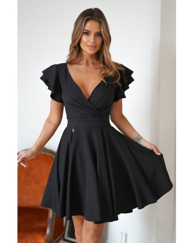 Rochie baby doll neagra din vascoza in clos cu volane la maneca Everly Rochii de zi, Rochie baby doll neagra din vascoza in clos cu volane la maneca Everly - jojofashion.ro