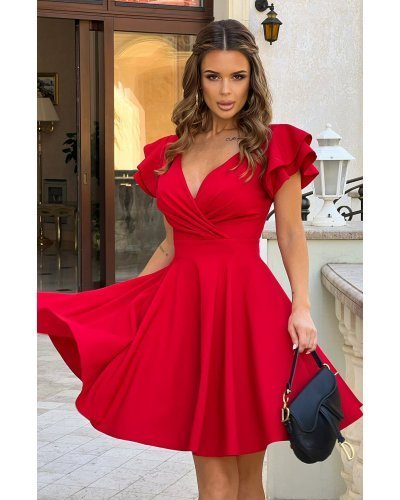 Rochie baby doll rosie din vascoza in clos cu volane la maneca Everly Rochii de zi, Rochie baby doll rosie din vascoza in clos cu volane la maneca Everly - jojofashion.ro