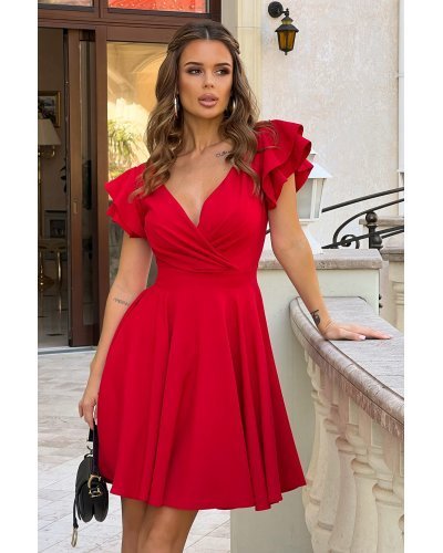 Rochie baby doll rosie din vascoza in clos cu volane la maneca Everly Rochii de zi, Rochie baby doll rosie din vascoza in clos cu volane la maneca Everly - jojofashion.ro