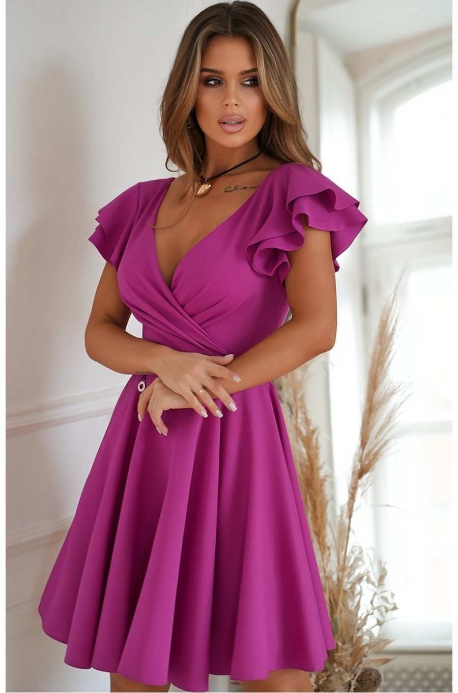 Rochie baby doll scurta din vascoza roz bishop in clos cu volane la maneca Everly 3 - jojofashion.ro