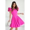 Rochie baby doll scurta roz neon din vascoza cu volan la maneca Samuela