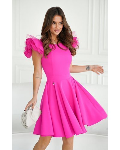 Rochie baby doll scurta roz neon din vascoza cu volan la maneca Samuela Rochii de Ocazie Elegante, Rochie baby doll scurta roz neon din vascoza cu volan la maneca Samuela - jojofashion.ro