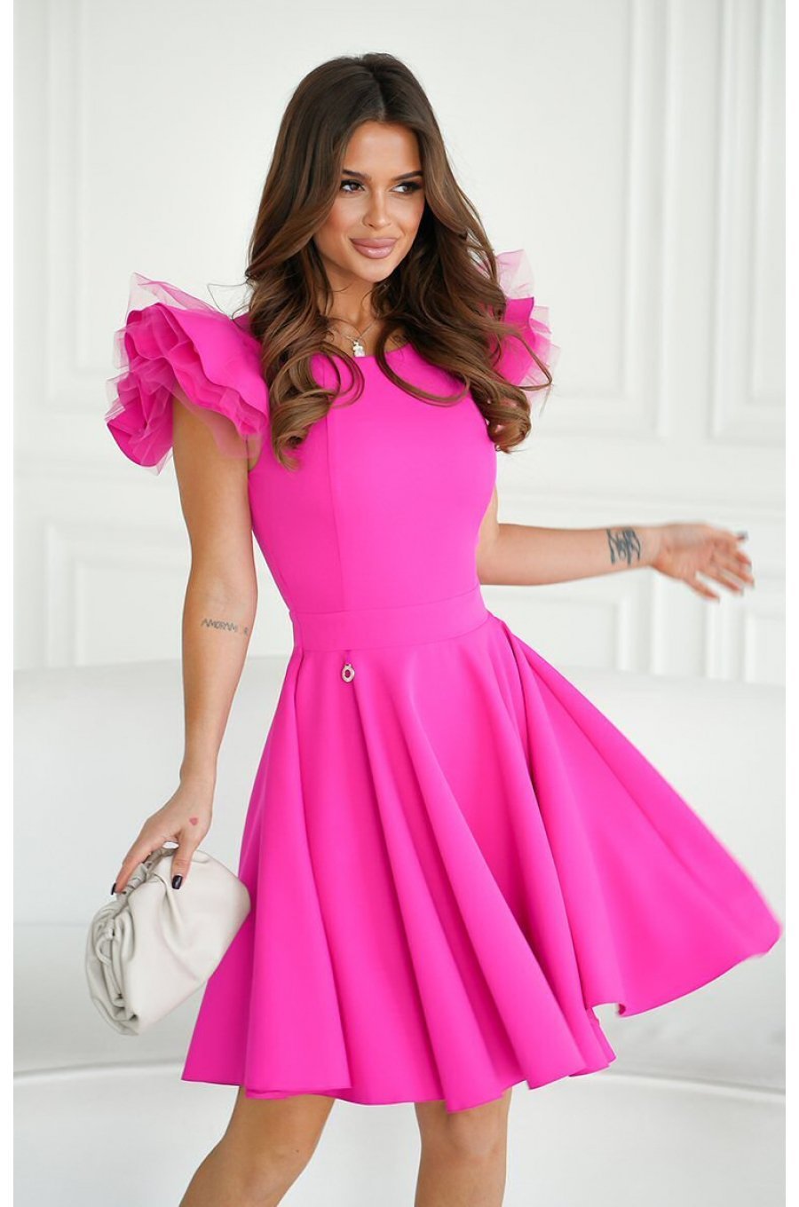 Rochie baby doll scurta, din vascoza, roz neon, cu volan la maneca, Samuela 1 - jojofashion.ro