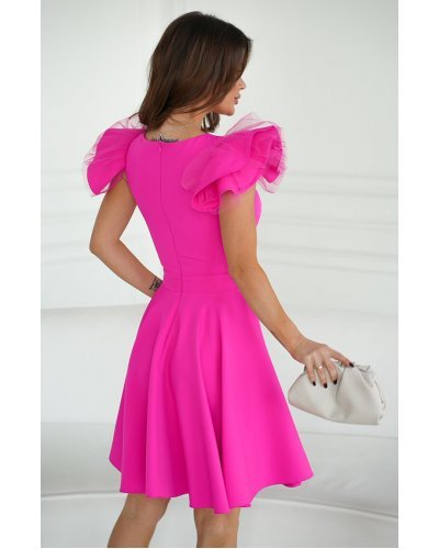 Rochie baby doll scurta roz neon din vascoza cu volan la maneca Samuela Rochii de Ocazie Elegante, Rochie baby doll scurta roz neon din vascoza cu volan la maneca Samuela - jojofashion.ro