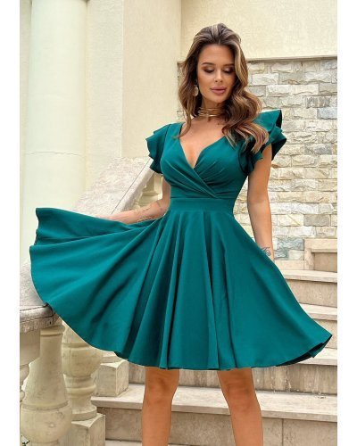 Rochie baby doll verde din vascoza in clos cu volane la maneca Everly Rochii de zi, Rochie baby doll verde din vascoza in clos cu volane la maneca Everly - jojofashion.ro
