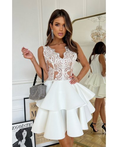 Rochie babydoll scurta, alba cu dantela pe bust, cu volane suprapuse, Caryne Rochii cununie civila, Rochie babydoll scurta, alba cu dantela pe bust, cu volane suprapuse, Caryne - jojofashion.ro