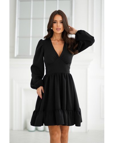 Rochie babydoll neagra babydoll cu volane suprapuse si maneca lunga Rouelle Rochii de Ocazie Elegante, Rochie babydoll neagra babydoll cu volane suprapuse si maneca lunga Rouelle - jojofashion.ro