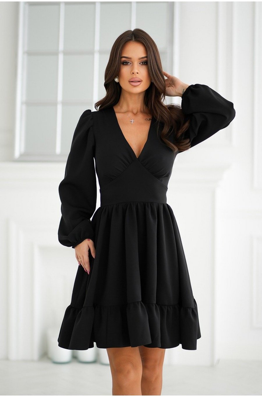 Rochie babydoll neagra babydoll cu volane suprapuse si maneca lunga Rouelle 1 - jojofashion.ro