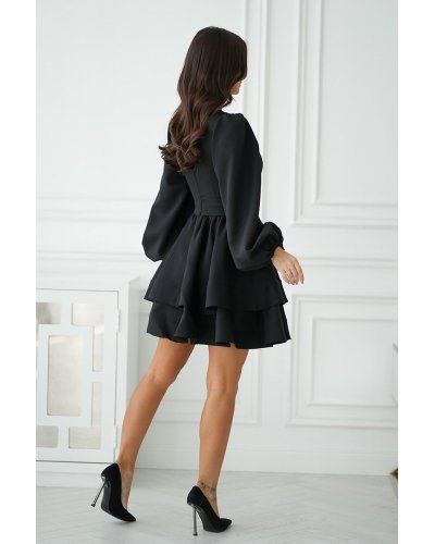 Rochie babydoll neagra babydoll cu volane suprapuse si maneca lunga Rouelle Rochii de Ocazie Elegante, Rochie babydoll neagra babydoll cu volane suprapuse si maneca lunga Rouelle - jojofashion.ro