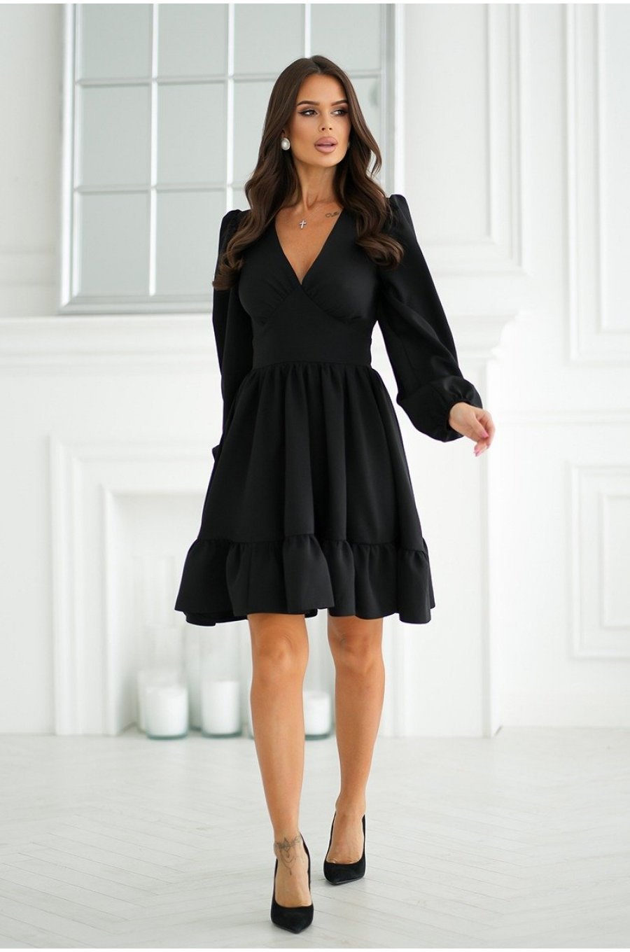 Rochie babydoll neagra babydoll cu volane suprapuse si maneca lunga Rouelle 3 - jojofashion.ro