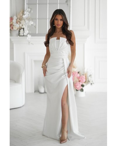Rochii cununie civila, Rochie cununie civila alba lunga cu glitter mulata cu umeri goi Luxurious - jojofashion.ro