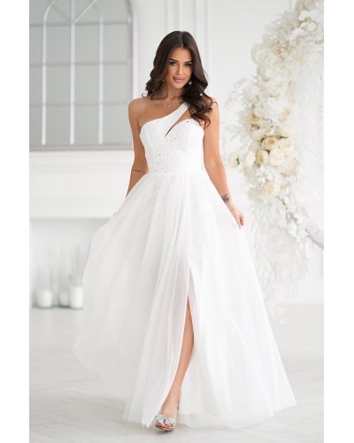 Rochii paiete, Rochie cununie civila alba lunga, cu tulle si paiete Louanna - jojofashion.ro
