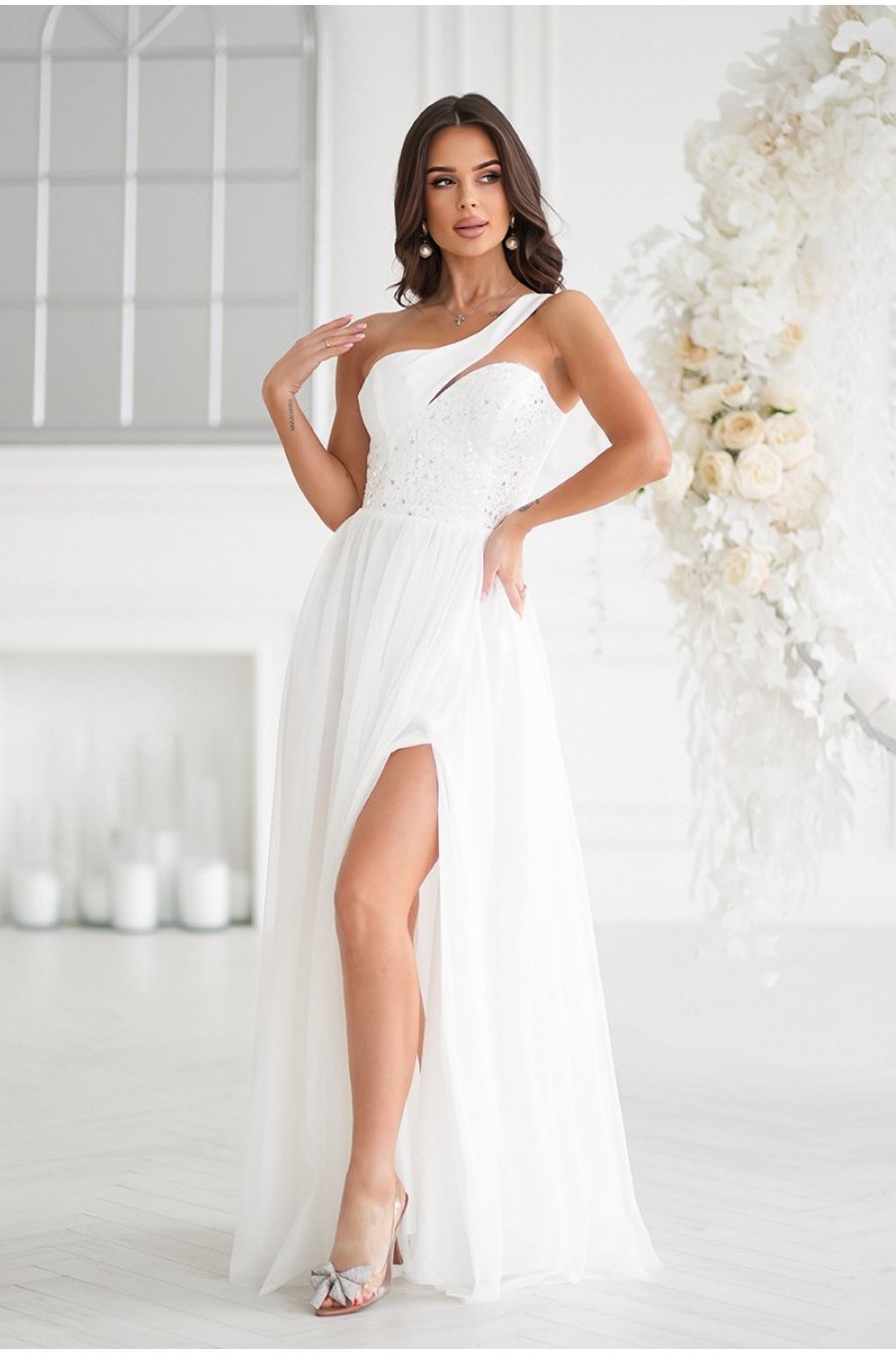 Rochie cununie civila alba lunga, cu tulle si paiete Louanna Rochie cununie civila alba lunga, cu tulle si paiete Louanna 3 - jojofashion.ro