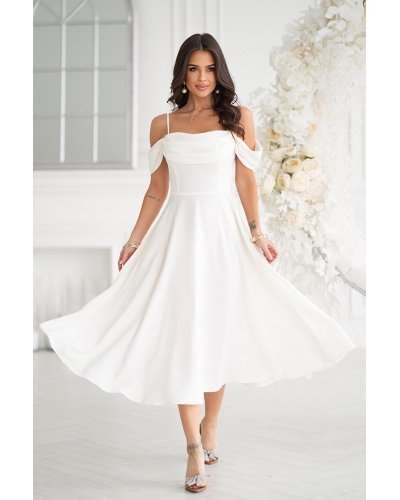 Rochie cununie civila baby doll, midi, alba, cu umerii goi, evazata, Anelisa Rochii vaporoase, Rochie cununie civila baby doll, midi, alba, cu umerii goi, evazata, Anelisa - jojofashion.ro