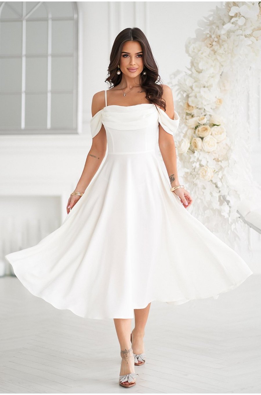 Rochie cununie civila baby doll, midi, alba, cu umerii goi, evazata, Anelisa 1 - jojofashion.ro
