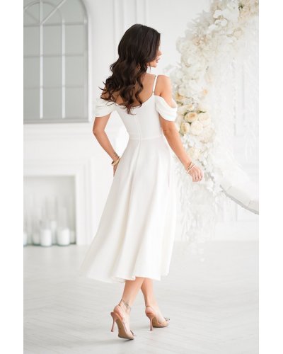 Rochie cununie civila baby doll, midi, alba, cu umerii goi, evazata, Anelisa Rochii vaporoase, Rochie cununie civila baby doll, midi, alba, cu umerii goi, evazata, Anelisa - jojofashion.ro