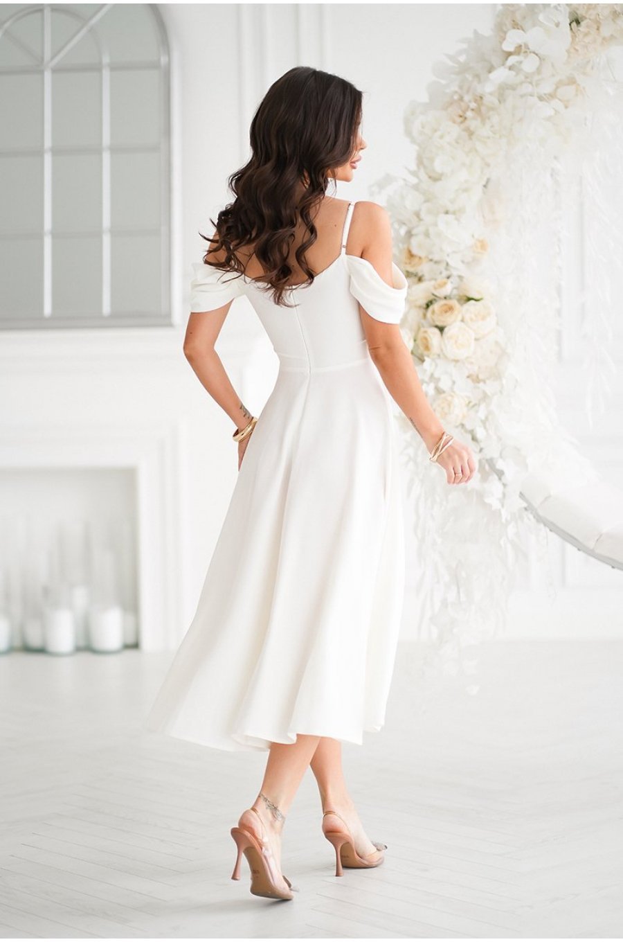 Rochie cununie civila baby doll, midi, alba, cu umerii goi, evazata, Anelisa 2 - jojofashion.ro