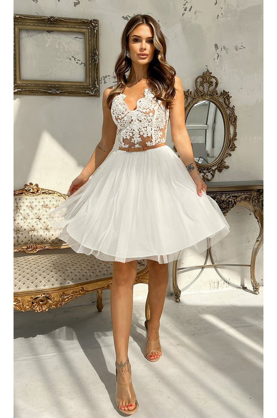 Rochie cununie civila scurta, cu tul si broderie, ecru, Ecaterina 3 - jojofashion.ro