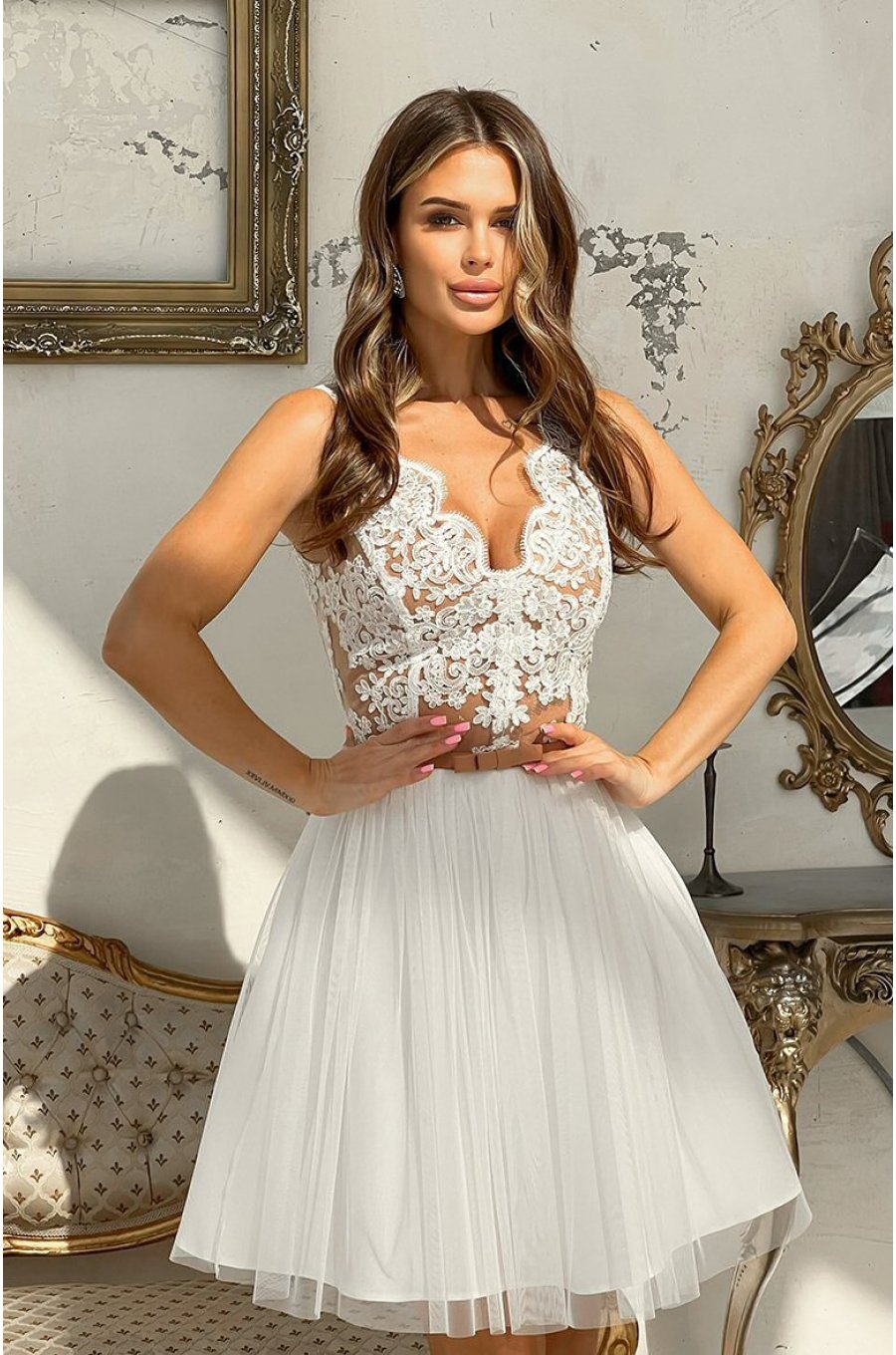 Rochie cununie civila scurta, cu tul si broderie, ecru, Ecaterina 4 - jojofashion.ro