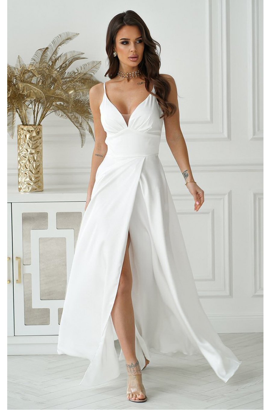 Rochie cununie civila lunga, din satin, alba, fluida, Aleeza 1 - jojofashion.ro