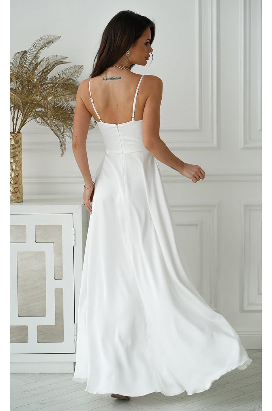 Rochie cununie civila lunga, din satin, alba, fluida, Aleeza 2 - jojofashion.ro