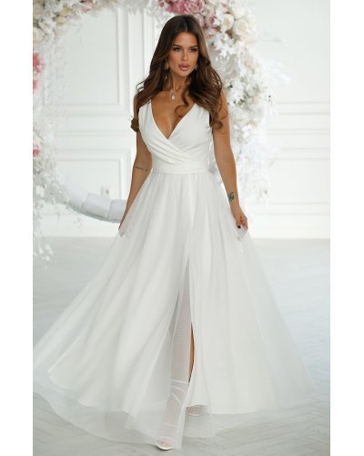 Rochie cununie civila lunga, din tulle si vascoza, alba, vaporoasa, Andreea Rochii, Rochie cununie civila lunga, din tulle si vascoza, alba, vaporoasa, Andreea - jojofashion.ro