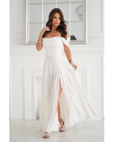 Rochie cununie civila lunga glitter alba cu umerii goi vaporoasa Delight Rochii lungi, Rochie cununie civila lunga glitter alba cu umerii goi vaporoasa Delight - jojofashion.ro