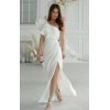 Rochie cununie civila lunga, alba, cu un umar gol, volan si pene, Reyna
